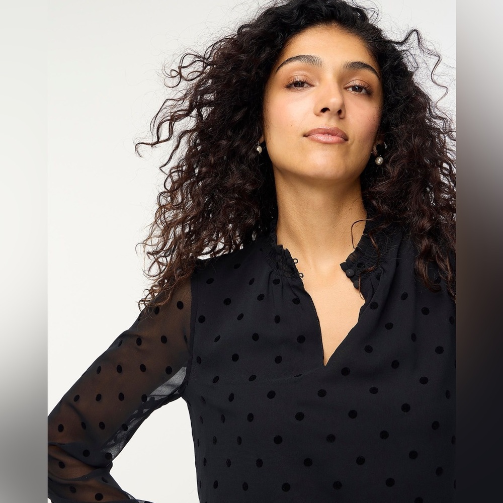 Womens Black Polka Dot Sheer Long-Sleeve Blouse